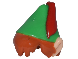 Minifigure, Hair Combo, Hair with Hat, Pointed Ears, Molded Green Pointed Hat with Printed Red Feather and Dark Orange Messy Hair Pattern