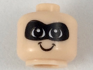 Minifigure, Baby / Toddler Head with Neck with Black Eyes, White Pupils, Black Domino Mask, and Smile Pattern