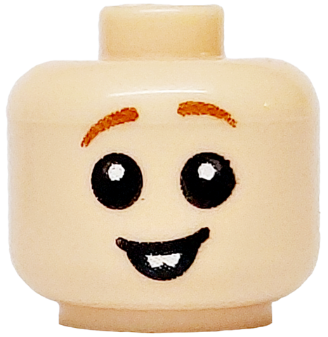 Minifigure, Baby / Toddler Head with Neck with Black Eyes, Open Mouth Smile with White Teeth and Dark Orange Eyebrows Pattern