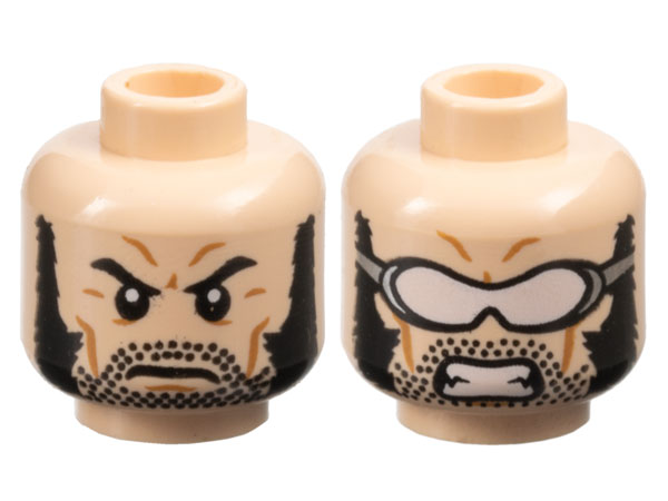 Lego Minifigure, Head Dual Sided Bushy Black Eyebrows and Long Thick Sideburns, Frown / Goggles, Angry Pattern - Hollow Stud