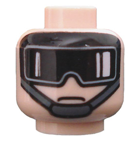 Minifigure, Head Black Goggles with White Reflections, Dark Bluish Gray Chin Strap, Neutral Pattern