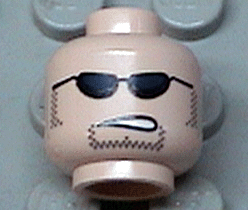 Minifigure, Head Black Sunglasses, Sideburns and Goatee Stubble, Lopsided Open Mouth Scowl with Teeth Pattern