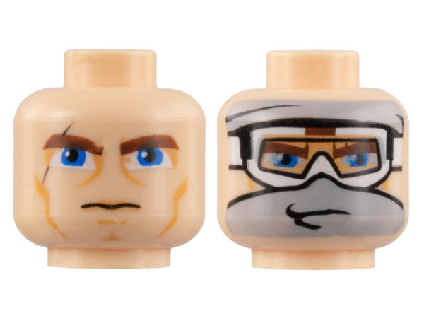 Minifigure, Head Dual Sided Thick Eyebrows, Blue Eyes, Scar and Lines / Snow Goggles and Gray Bandana Pattern (SW Anakin)