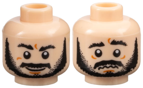 Minifigure, Head Dual Sided Black Bushy Eyebrows, Beard, and Moustache, Dark Orange Chin Dimple, Grin / Worried Pattern