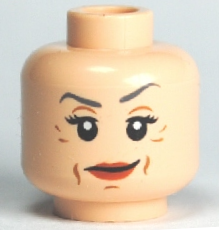 Minifigure, Head Female Dark Bluish Gray Thin Eyebrows, Left Raised, Black Eyelashes, Dark Orange Lips, Medium Nougat Jowl Lines, Chin Dimple and Wrinkles, Smirk Pattern