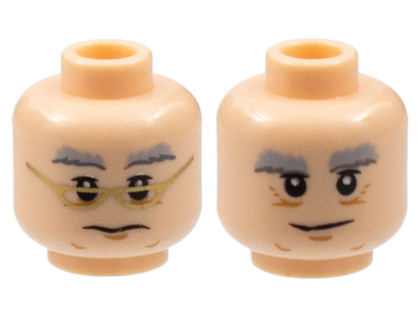 Minifigure, Head Dual Sided Light Bluish Gray and Dark Bluish Gray Bushy Eyebrows, Upper Eyelids, Medium Nougat Chin Dimple and Wrinkles, Wavy Neutral Mouth and Glasses with Gold Frames / Grin Pattern