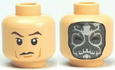 Minifigure, Head Dual Sided Dark Brown Eyebrows, Upper Eyelids, Medium Nougat Jowl Lines and Chin Dimple, Frown / Dark Silver Death Eater Mask with Silver Markings Pattern