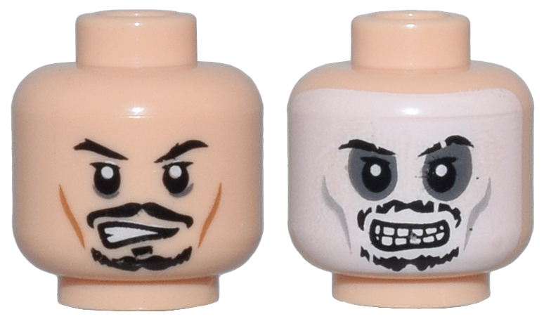 Minifigure, Head Dual Sided Black Eyebrows, Moustache, Soul Patch and Goatee, Upper Eyelids, Dark Bluish Gray Eye Shadow, Cheek Lines, Lopsided Open Mouth Scowl / White Face and Smile with Teeth Pattern