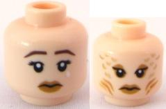 Minifigure, Head Dual Sided Female Black Eyelashes, Medium Nougat Lips, Sad with Dark Brown Eyebrows and White Tear / Stern with Eye Shadow, Gills and Gold Scales Pattern