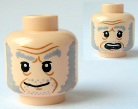 Minifigure, Head Dual Sided Light Bluish Gray Bushy Eyebrows, Mutton Chops and Stubble, Upper Eyelids, Medium Nougat Jowl Lines, Chin Dimple and Wrinkles, Furrowed Brow, Grin / Scared Open Mouth with Top Teeth Pattern