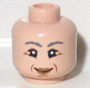 Minifigure, Head Female Dark Bluish Gray Eyebrows, Black Single Eyelashes, Lower Eyelids, Nougat Eye Shadow and Lips, Medium Nougat Jowl Lines, Chin Dimple and Wrinkles, Grin Pattern