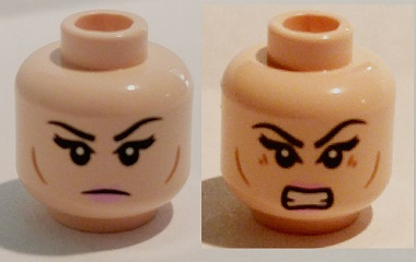 Minifigure, Head Dual Sided Female Black Eyebrows, Eyelashes, Pink Lips, Cheek Lines, Frown / Bared Teeth Pattern (Karai)
