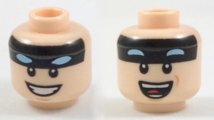 Minifigure, Head Dual Sided Black Headband with Squinted Batman Eyes, Smile with Teeth / Open Mouth with Teeth and Tongue Pattern