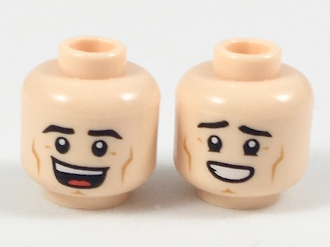Minifigure, Head Dual Sided Black Eyebrows, Dark Orange Cheek Lines, Open Mouth Smile / Sheepish Grin Pattern