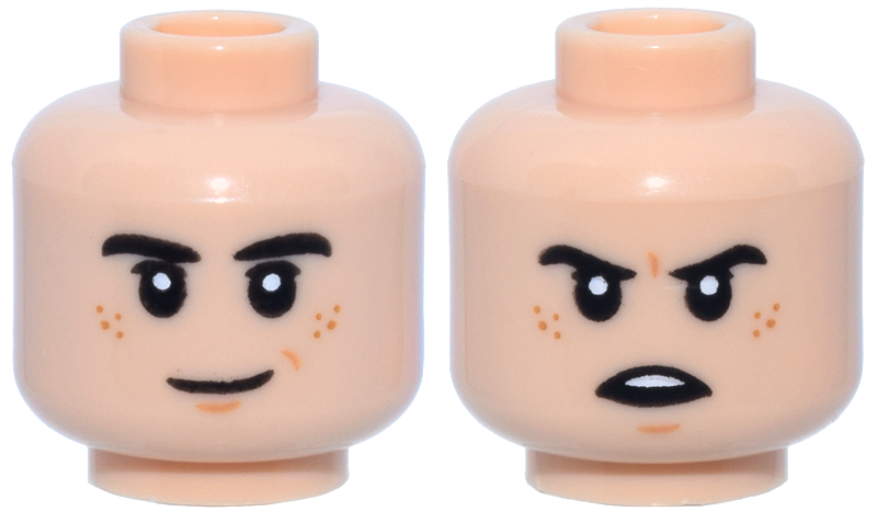 Minifigure, Head Dual Sided Black Eyebrows, Dark Orange Freckles and Chin Dimple, Crooked Smile / Angry Pattern