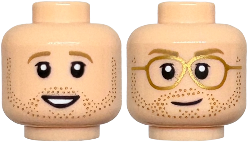 Minifigure, Head Dual Sided Dark Tan Eyebrows and Stubble, Open Mouth Smile / Gold Glasses, Closed Mouth Pattern in Light Nougat
