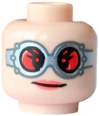 Minifigure, Head Female Silver Goggles with Red Circular Lenses, Coral Lips, Lopsided Smile Pattern