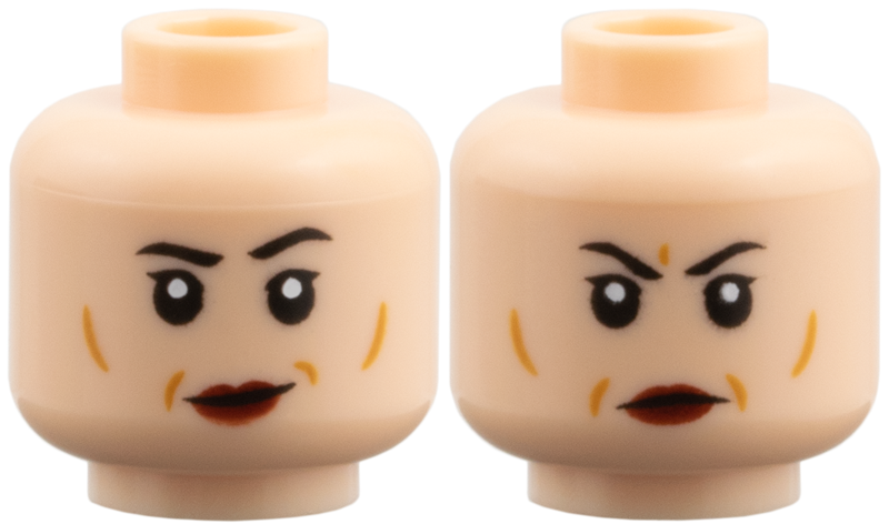 Minifigure, Head Dual Sided Female, Black Eyebrows, Medium Nougat Contours, Dark Red Lips, Grin / Frown Pattern