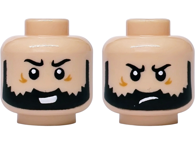 Minifigure, Head Dual Sided Black Eyebrows and Beard, Medium Nougat Crow's Feet, Lopsided Open Mouth Smile with Teeth / Frown Pattern
