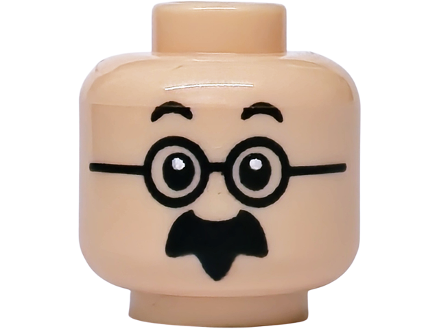 Minifigure, Head Black Small Raised Eyebrows, Round Glasses, Moustache and Goatee Pattern