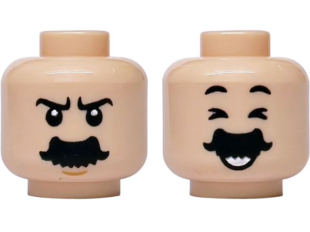 Minifigure, Head Dual Sided Black Eyebrows and Thick Flared Moustache, Medium Nougat Chin Dimple, Stern / Closed Eyes, Open Mouth Grin with Teeth Pattern