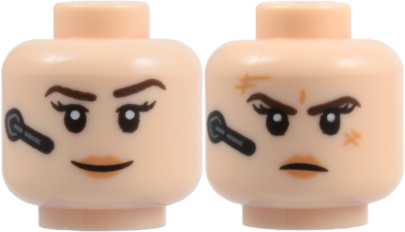 Light nougat dual-sided female head with a gray headset, showing a grin on one side and a determined look with scuffs on the other.