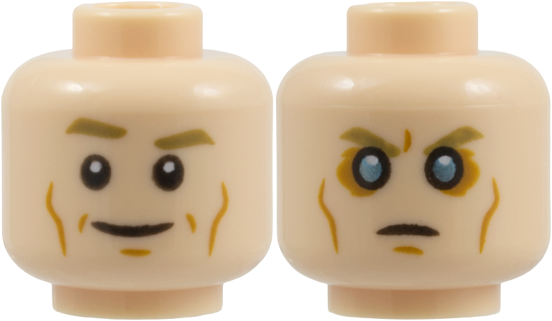 Light nougat dual-sided head with blue eyes and eyeshadow, showing a grin on one side and a frown on the other.