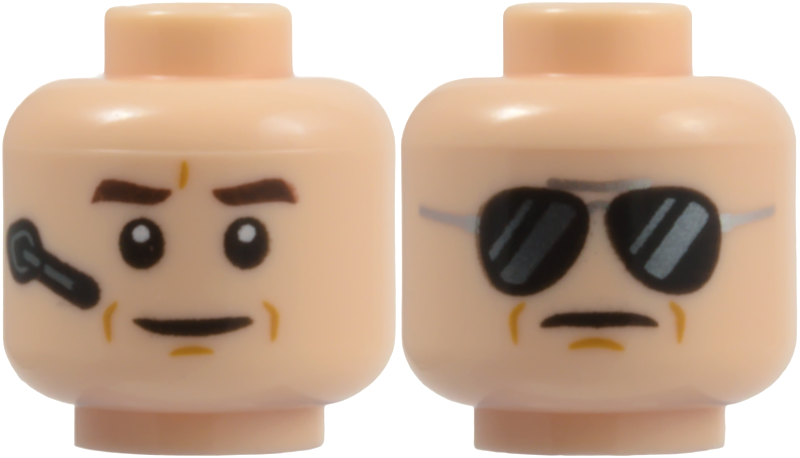 Light nougat dual-sided head showing a grin with a gray headset and a frown with silver sunglasses.
