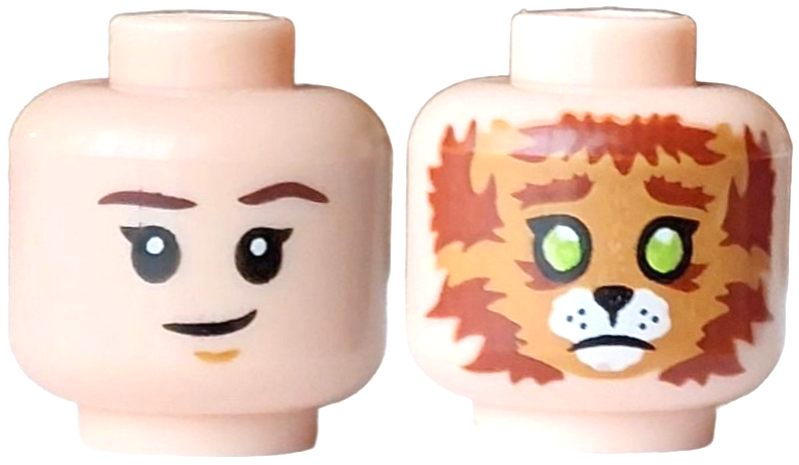 Light nougat dual-sided head with dark brown eyebrows; one side has a grin and chin dimple, the other shows a cat face pattern.