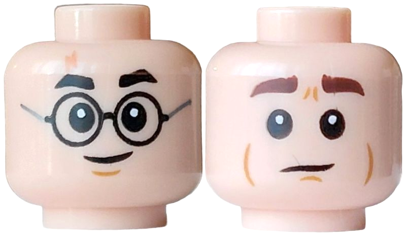 Light nougat dual-sided head with round silver glasses, a nougat lightning bolt scar, and expressions including a lopsided grin.