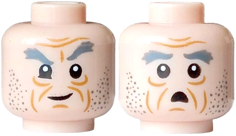 Light nougat dual-sided head with bushy gray eyebrows, facial stubble, and wrinkles, showing a grin and a surprised expression.