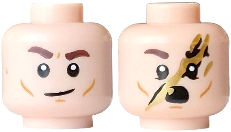 Light nougat minifigure head with dark brown eyebrows, cheek lines, and a lopsided grin, reversing to a gold scar pattern.