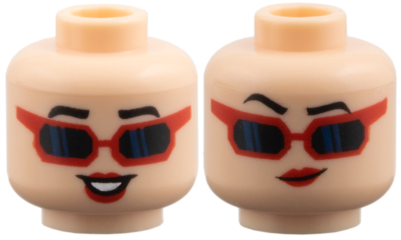 Light nougat minifigure head with black eyebrows, red sunglasses, and blue hair highlights, showing a grin and a smile.
