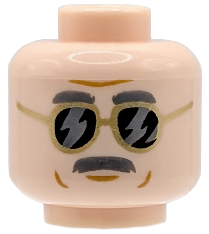 Minifigure, Head Dark Bluish Gray Eyebrows and Moustache, Medium Nougat Forehead Crease, Cheek Lines and Chin Dimple, Gold Sunglasses with Black Lenses and Silver Reflections Pattern in Light Nougat