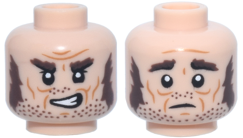 Light nougat dual-sided head with brown sideburns and stubble, showing a smirk on one side and a sad frown on the other.