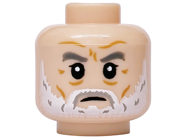 Light nougat head with a large white and light bluish gray beard and moustache, featuring cheek lines and forehead creases.