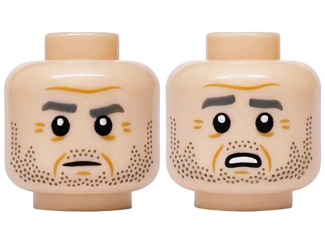 Light nougat dual-sided head with dark brown beard stubble, cheek lines, and a worried open mouth expression.