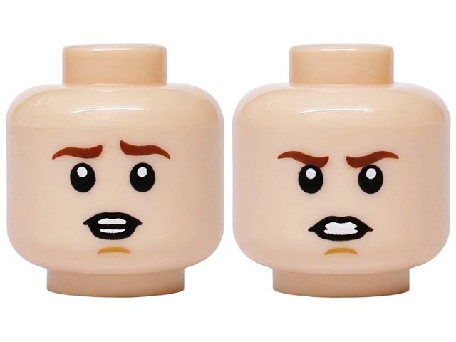 Light nougat dual-sided head with reddish brown eyebrows, showing an open mouth grin on one side and a frown on the other.