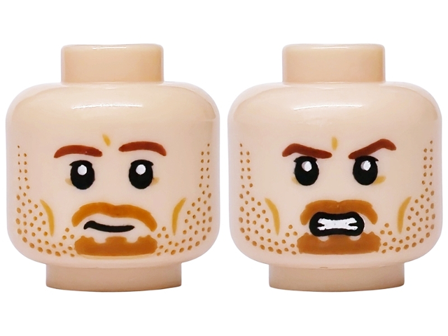 Light nougat dual-sided head with dark orange beard stubble, a goatee, and cheek lines, featuring a grin and a scowl.