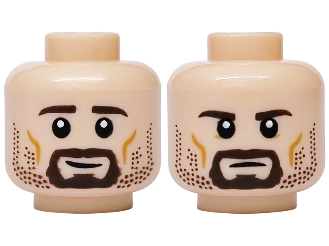 Light nougat dual-sided head with dark brown eyebrows, beard stubble, a goatee, and cheek lines.