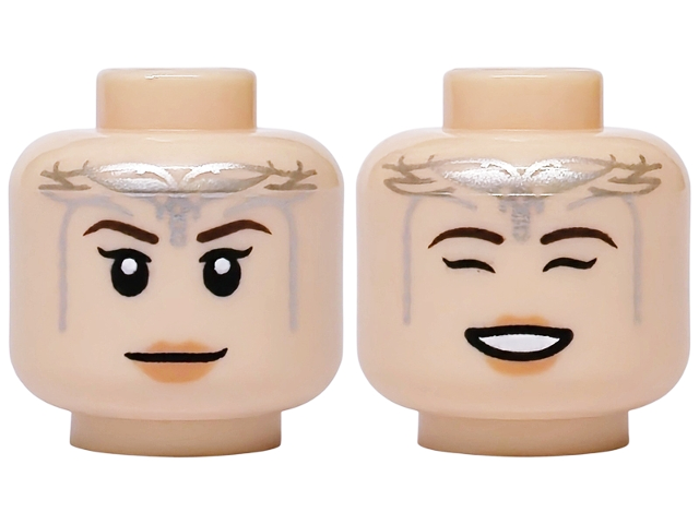 Light nougat dual-sided female head with a gold and silver crown, eyelashes, and a grinning expression with closed eyes.