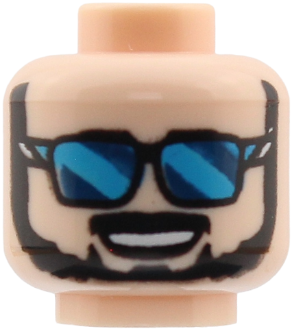 Minifigure, Head with Black Eyebrows, Full Beard and Moustache, Sunglasses with Dark Azure and Dark Blue Striped Lenses, Open Mouth Grin with Teeth Pattern in Light Nougat