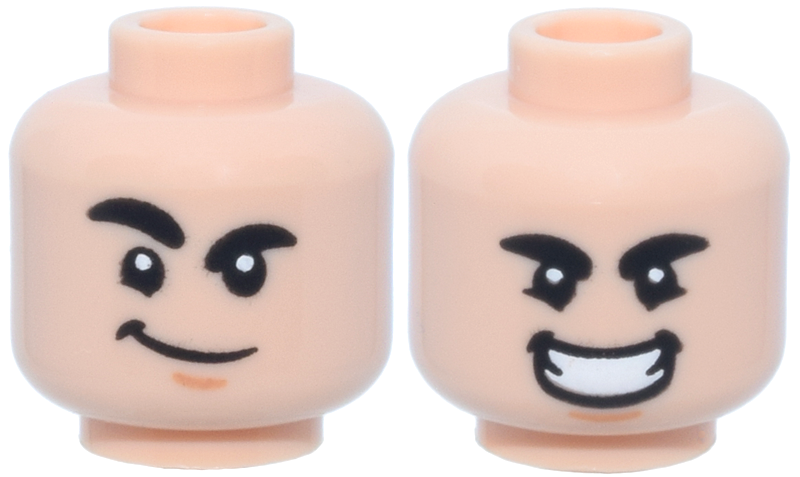 Light nougat dual-sided head with thick black eyebrows, a chin dimple, and two expressions: a smirk and an open mouth smile.