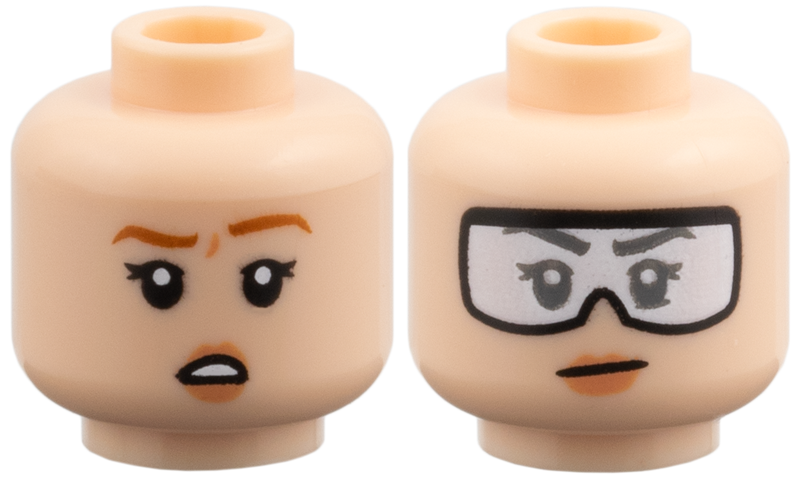 Minifigure, Head Dual Sided Female Dark Orange Eyebrows, Nougat Lips, Raised Eyebrow Left / White Goggles Pattern in Light Nougat