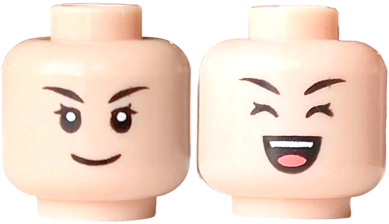 Minifigure, Head Dual Sided Female Black Eyebrows, Eyelashes, Open Eyes and Closed Mouth / Closed Eyes and Open Mouth with Teeth and Coral Tongue Pattern in Light Nougat