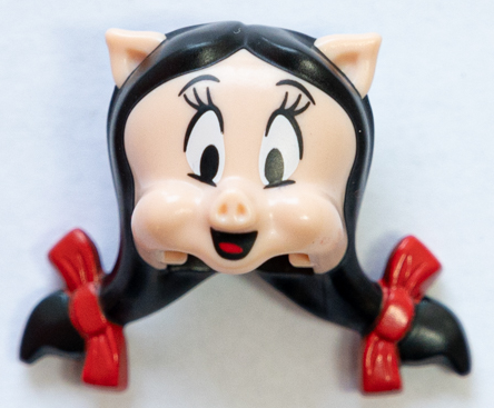 Minifigure, Head, Modified Looney Tunes Petunia Pig with Black Hair, Red Bows and Tongue Pattern