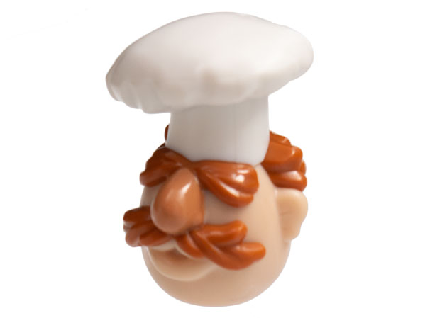 Minifigure, Head, Modified Muppet Swedish Chef with White Toque, Dark Orange Hair and Moustache Pattern