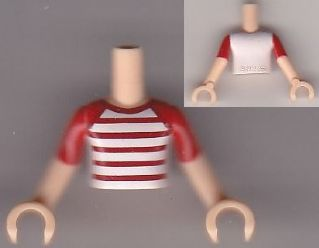 Torso Mini Doll Boy White T-Shirt with Red and White Stripes Pattern, Light Nougat Arms with Hands with Red Short Sleeves