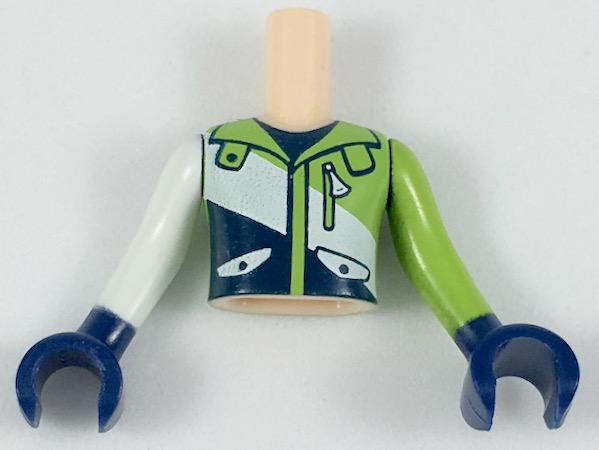 Torso Mini Doll Boy Lime, White, and Dark Blue Jacket Pattern, Lime Arm with Dark Blue Hand Left, White Arm with Dark Blue Hand Right