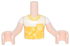 Torso Mini Doll Boy White Shirt with Bright Light Orange Panel and Bright Light Yellow Pocket and Flowers Pattern, Light Nougat Arms with Hands with White Short Sleeves
